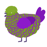 Up for swaps, a chartreuse and violet chicken with a lace pattern