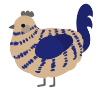 sickle, a beige and navy chicken with a bar pattern