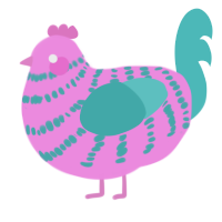 cotton candy skies, a leaf and red chicken with a bar pattern