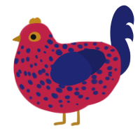 A crimson and navy chicken with a speckle pattern
