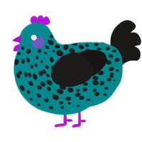 Fleck, a teal and sable chicken with a speckle pattern