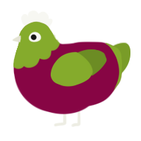 Strawberry Matcha, a maroon and chartreuse chicken with a head pattern