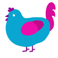 Spicy, a cerulean and fuchsia chicken with a speckle pattern