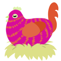 Pinpin, a fuchsia and vermilion chicken with a bar pattern