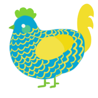 Confetti, a cerulean and yellow chicken with a lace pattern