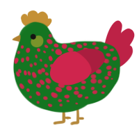 A leaf and crimson chicken with a speckle pattern