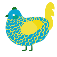 A cerulean and yellow chicken with a lace pattern