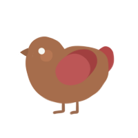 single baked bean, a brown and red chicken