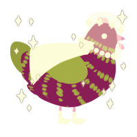 A plum and chartreuse chicken with a bar pattern