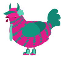 A fuchsia and teal chicken with a bar pattern