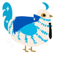 Evermore, a cream and cerulean chicken with a bar pattern