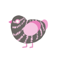 Pink painted rock, a grey and pink chicken with a bar pattern