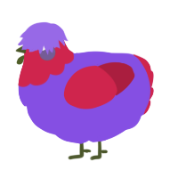 A blurple and crimson chicken with a head pattern