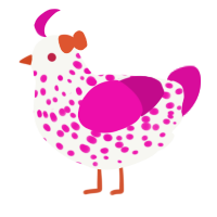 A white and fuchsia chicken with a speckle pattern