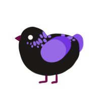 Signal orphan, a sable and blurple chicken with a neck-speckle pattern