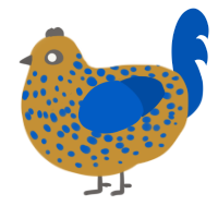 A gold and ultramarine chicken with a speckle pattern