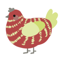 A red and lemon chicken with a bar pattern