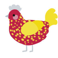 Strawberry, a crimson and yellow chicken with a speckle pattern