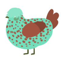 A turquoise and red chicken with a speckle pattern