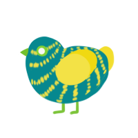 Victor, a teal and yellow chicken with a bar pattern