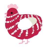A crimson and white chicken with a bar pattern