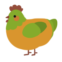 A orange and chartreuse chicken with a head pattern