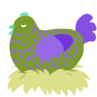 A chartreuse and blurple chicken with a speckle pattern