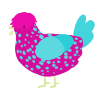 A fuchsia and aqua chicken with a speckle pattern