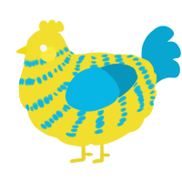 A yellow and cerulean chicken with a bar pattern