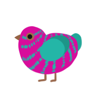 A fuchsia and turquoise chicken with a bar pattern