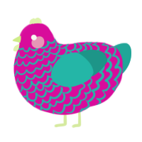 CMYK, a fuchsia and turquoise chicken with a lace pattern