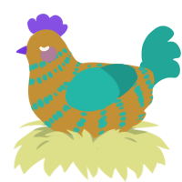 A gold and turquoise chicken with a bar pattern