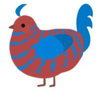 A red and sapphire chicken with a bar pattern