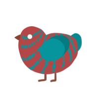 A red and teal chicken with a bar pattern
