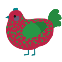 A crimson and viridian chicken with a speckle pattern