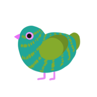 A turquoise and chartreuse chicken with a bar pattern