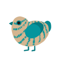 A beige and teal chicken with a bar pattern