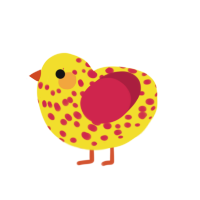 A yellow and crimson chicken with a speckle pattern