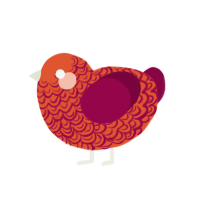 A vermilion and maroon chicken with a double-lace pattern