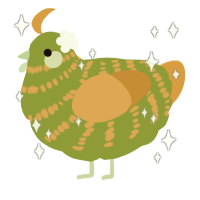 A chartreuse and orange chicken with a bar pattern
