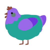 A turquoise and blurple chicken with a head pattern