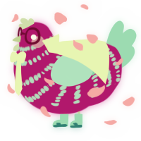 A fuchsia and mint chicken with a bar pattern
