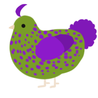 A chartreuse and violet chicken with a speckle pattern