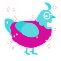 A fuchsia and aqua chicken with a head pattern