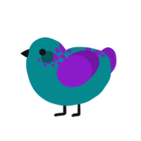 A teal and violet chicken with a neck-speckle pattern