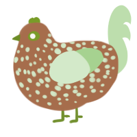 A brown and gluppy chicken with a speckle pattern