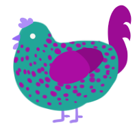 i have a disease, a turquoise and plum chicken with a speckle pattern