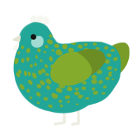 A turquoise and chartreuse chicken with a speckle pattern