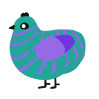 A turquoise and blurple chicken with a bar pattern