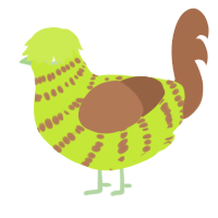 Kiwi, a lime and brown chicken with a bar pattern